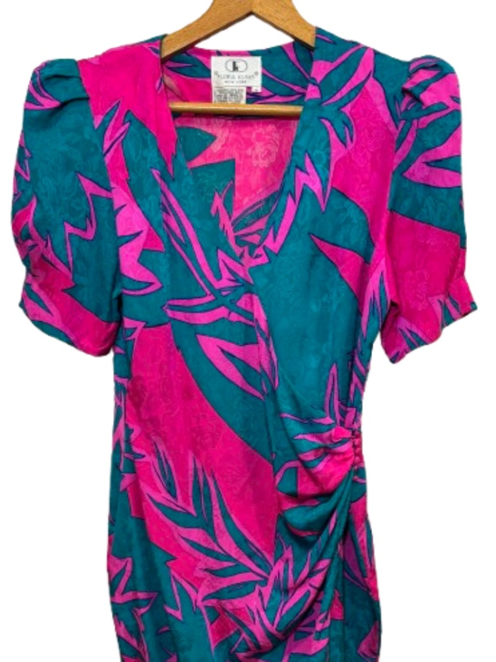 VTG 80s Flora Kung Silk Wrap Dress Sz 10 Pink Teal Blue Abstract Tropical Midi